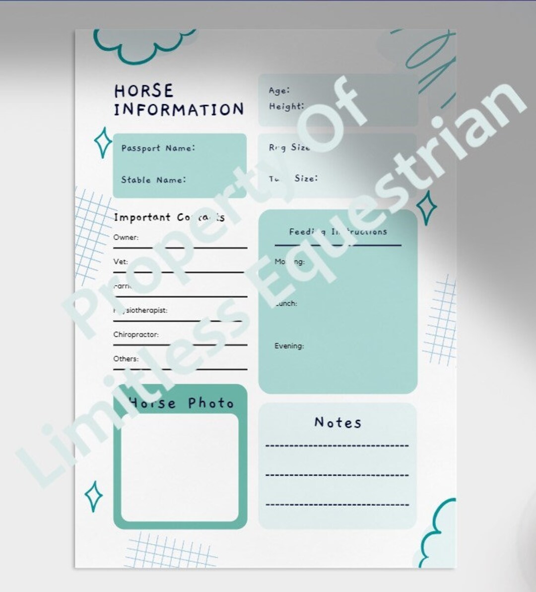 Horse Information Sheet digital Download, Horse Organiser, Equestrian