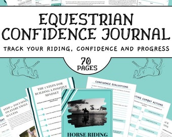 Puede incluir: Un diario de confianza ecuestre imprimible azul verdoso y blanco con una ilustración de caballo en la portada. El diario tiene 70 páginas e incluye secciones para hacer un seguimiento de la equitación, la confianza y el progreso. El texto de la portada dice "Equestrian Confidence Journal" y "Track Your Riding, Confidence and Progress".