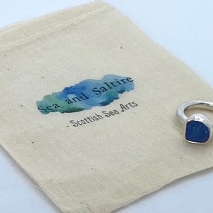 Scottish Blue Sea Pottery Ring with Handcrafted Sterling Silver Bezel and Band UK size H1/2 image 1