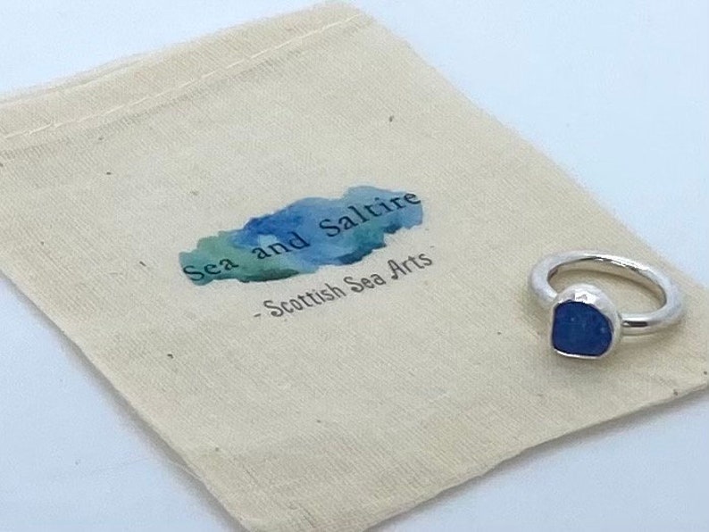 Scottish Blue Sea Pottery Ring with Handcrafted Sterling Silver Bezel and Band UK size H1/2 image 1