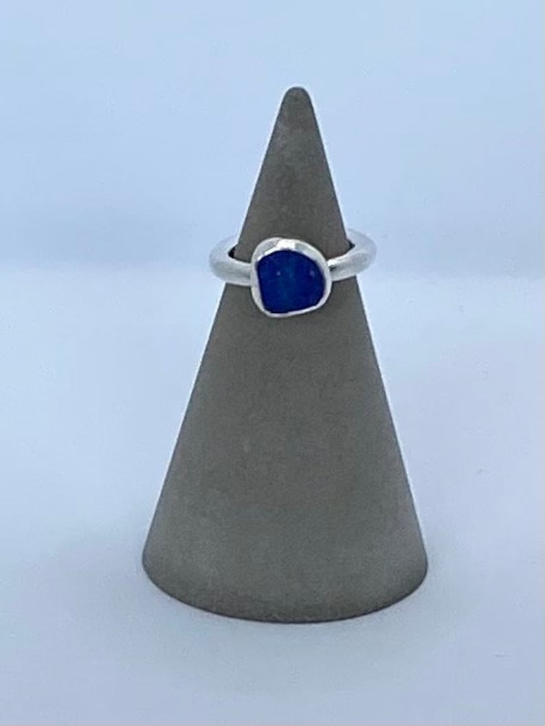 Scottish Blue Sea Pottery Ring with Handcrafted Sterling Silver Bezel and Band UK size H1/2 image 3
