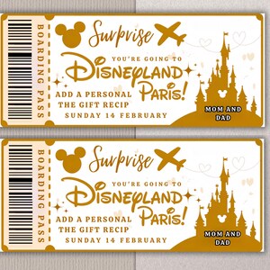 May include: Two golden Disneyland Paris surprise boarding passes. Each pass features a Mickey Mouse head, a castle silhouette, and the text "Surprise! You're going to Disneyland Paris!" with "Mom and Dad" at the bottom.