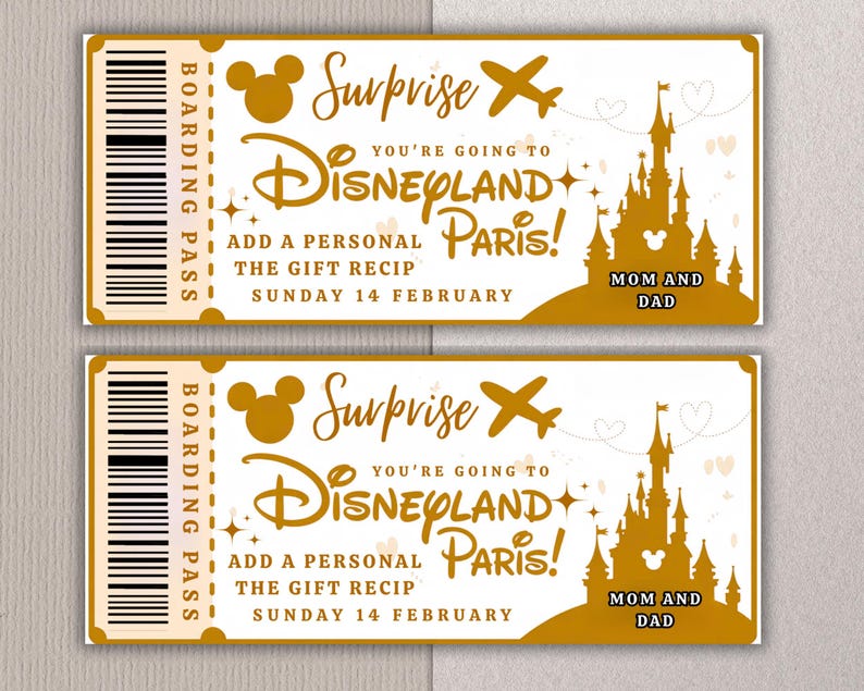 May include: Two golden Disneyland Paris surprise boarding passes. Each pass features a Mickey Mouse head, a castle silhouette, and the text "Surprise! You're going to Disneyland Paris!" with "Mom and Dad" at the bottom.
