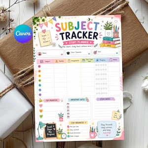 Könnte beinhalten: Ein farbenfroher Studienplaner mit Fächer-Tracker, der Bereiche für Name, Semester, Ziele, Aufgaben, Prüfungstermine und Fortschrittssterne enthält. Die Seite ist mit Illustrationen von Büchern, Pflanzen und einer Lampe gestaltet.