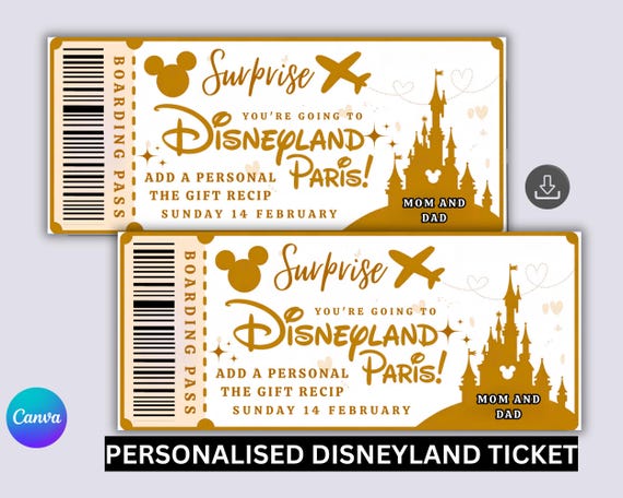Personalized Disneyland Ticket | Custom Vacation Reveal | Printable & Editable Ticket Template | Disneyland Paris Surprise | Golden Ticket