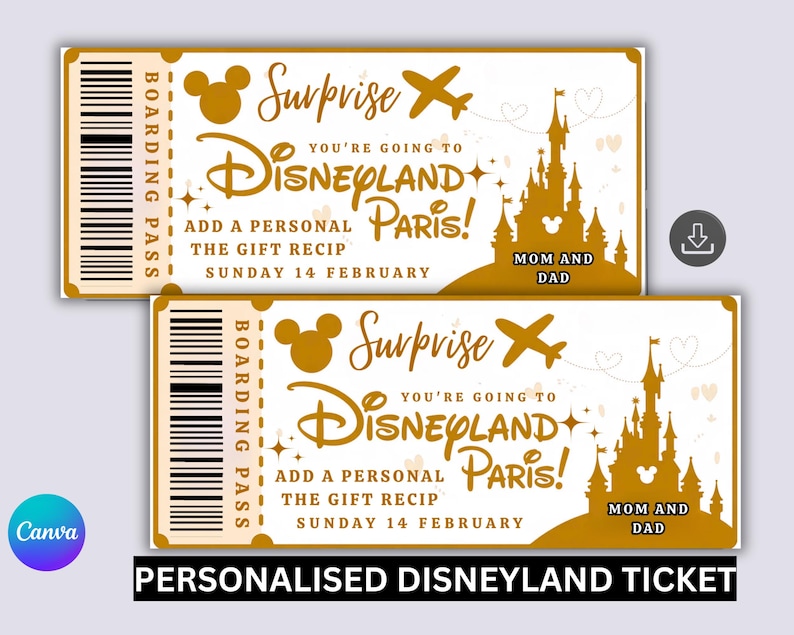 May include: Two gold-colored Disneyland Paris tickets with a boarding pass design. The tickets feature the text "Surprise, You're Going to Disneyland Paris!" and a castle silhouette. The text "Mom and Dad" is also visible.
