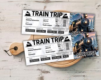 Plantilla de billete de tren vintage / Billete de viaje editable en Canva / Tarjeta de embarque imprimible / Regalo sorpresa para un viaje / Billete de tren personalizado