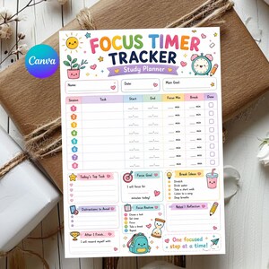Może przedstawiać: Arkusz planera nauki Focus Timer Tracker z kolorowymi ilustracjami słońca, rośliny doniczkowej, budzika, ołówka, plecaka i klepsydry. Strona zawiera sekcje do śledzenia sesji, zadań oraz celów, z miejscem na notatki i refleksje.