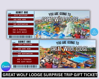 Great Wolf Lodge Surprise Trip Gift Ticket, Surprise Vacation Gift, Custom Travel Reveal Ticket, Theme Park Boarding Pass, Digital Download