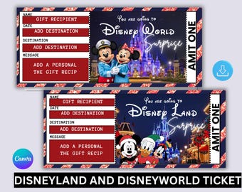May include: Two Disney World and Disneyland surprise tickets. The tickets have a red and white border with a blue and white background. Mickey and Minnie Mouse are featured on one ticket, and Mickey, Donald, and Goofy are on the other. The tickets have fill-in-the-blank sections.