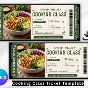 Könnte beinhalten: Eine rechteckige Vorlage für einen Kochkurs-Gutschein mit einem Foto einer Gemüseschale mit Tofu, Avocado und Kichererbsen. Der Text lautet: YOUR NEXT MEAL IS A COOKING CLASS, DESTINATION: FLAVOR TOWN, DEPARTURE: HUNGRY YOU, ARRIVAL: HAPPY & SATISFIED.