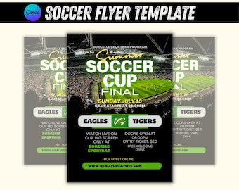 May include: A black and green flyer with white text advertising a soccer cup final. The flyer features the text "Summer Soccer Cup Final" and the teams "Eagles vs. Tigers". The event is scheduled for Sunday, July 15th at 8:00 PM. The flyer also includes information about watching the game live on a big screen at Borcelle Sportbar.