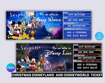 Pode incluir: Dois bilhetes com tema da Disney com fundo azul. O bilhete superior diz "Surpresa! Você vai para a Disney World" e apresenta Mickey Mouse, Minnie Mouse, Pateta e Pluto. O bilhete inferior diz "Surpresa! Você vai para a Disneyland".