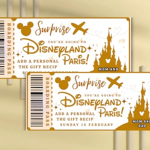 May include: Two golden Disneyland Paris boarding passes with the text "Surprise, You're going to Disneyland Paris!" and "Mom and Dad". The tickets feature a castle silhouette, Mickey Mouse icons, and a barcode.