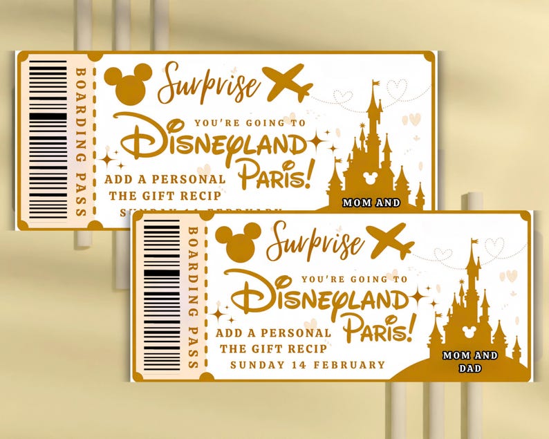May include: Two golden Disneyland Paris boarding passes with the text "Surprise, You're going to Disneyland Paris!" and "Mom and Dad". The tickets feature a castle silhouette, Mickey Mouse icons, and a barcode.