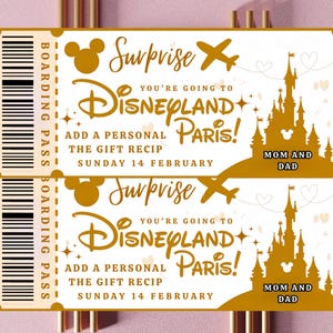 May include: Two golden Disneyland Paris surprise tickets. Each ticket features a castle, Mickey Mouse ears, and the text "Surprise, You're Going to Disneyland Paris!" with the date "Sunday 14 February."
