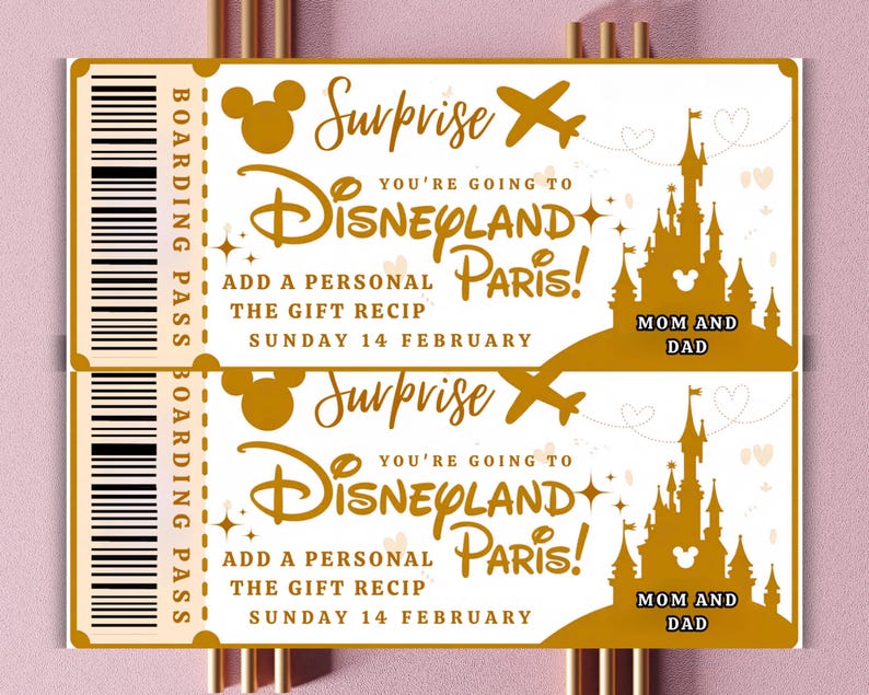 May include: Two golden Disneyland Paris surprise tickets. Each ticket features a castle, Mickey Mouse ears, and the text "Surprise, You're Going to Disneyland Paris!" with the date "Sunday 14 February."