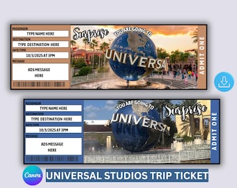 Surprise Universal Studios Trip Ticket, Printable Vacation Reveal (Canva Editable, Instant Download)