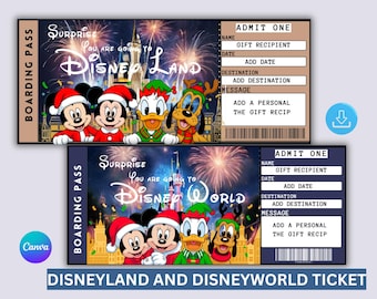 Pode incluir: Dois bilhetes para um parque temático da Disney. O bilhete superior diz "Disneyland" e apresenta Mickey, Minnie, Donald e Pateta com chapéus de Papai Noel. O bilhete inferior diz "Disney World" com os mesmos personagens.