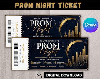Editable Prom Ticket | Formal Homecoming  Ticket | Canva Template | Instant Download Printable Dance Event Pass | Custom Party Ticket
