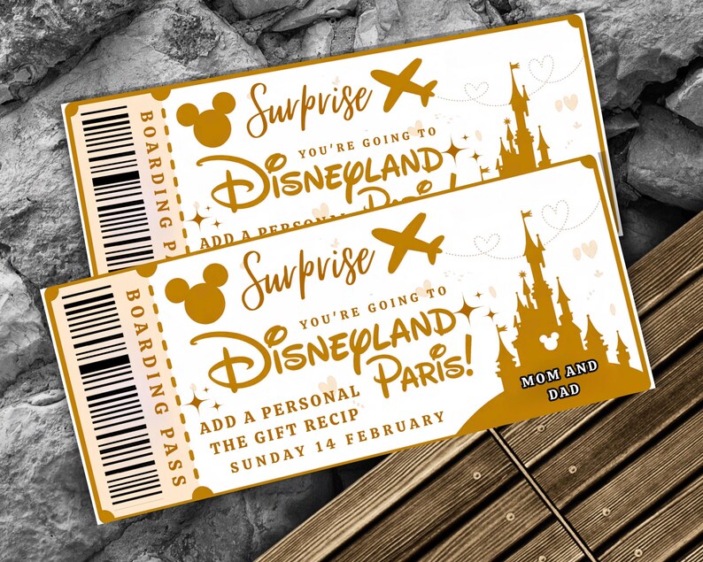 May include: Two golden Disneyland Paris surprise tickets. Each ticket features a boarding pass, Mickey Mouse silhouettes, an airplane, a castle, and the text "Surprise, You're going to Disneyland Paris!" and "Mom and Dad."