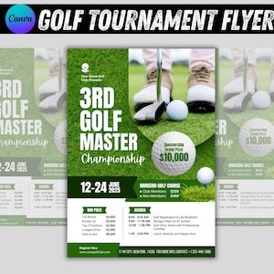 May include: A green and white flyer for a golf tournament. The flyer features a golf ball and a golf club, and the text "3rd Golf Master Championship" and "12-24 June 2025".
