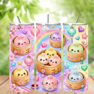 May include: A cylindrical stainless steel tumbler featuring a colorful pattern of cute, smiling bao buns in bamboo steamers, pink lanterns, cherry blossoms, hearts, stars, and a rainbow against a pastel gradient background with a metal straw.