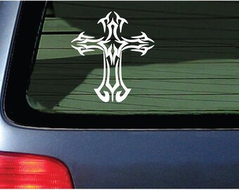 Religious Christian Tribal Cross 5 Inch White Vinyl Decal Sticker