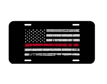 Tattered Red Flag Front License Plate Frame - Fire Fighter Cover Car Truck SUV