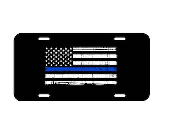 Tattered Blue Line Flag Front License Plate Frame -Police Thin Blue line Cover Car Truck SUV