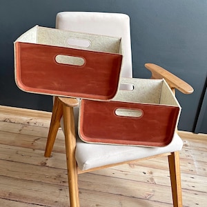 Customizable Felt Storage Basket with Leather Trim - Organizer Bin