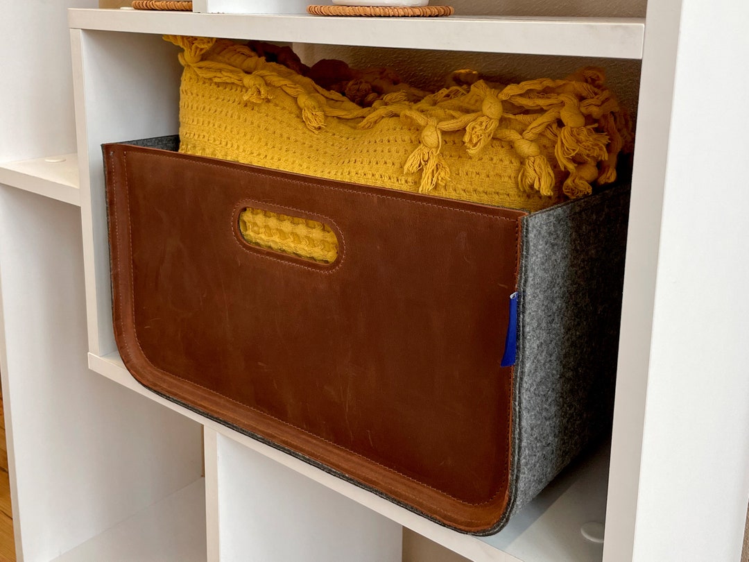 Felt Storage Racks Felt Storage Basket With Leather Trim. Felt Bin for Organizing Your ...