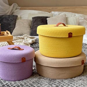 Woven Basket with a Lid, Round Rope Storage Basket, Rope Cotton Basket, Rope Organizer, Cotton Rope Bowl, Customization