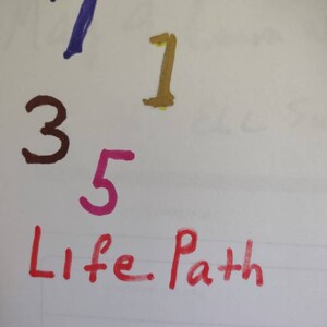Può includere: Su sfondo bianco, i numeri 1, 1, 3 e 5 sono scritti in blu, oro, marrone e rosa. Sotto, le parole "Life Path" sono scritte in rosso.