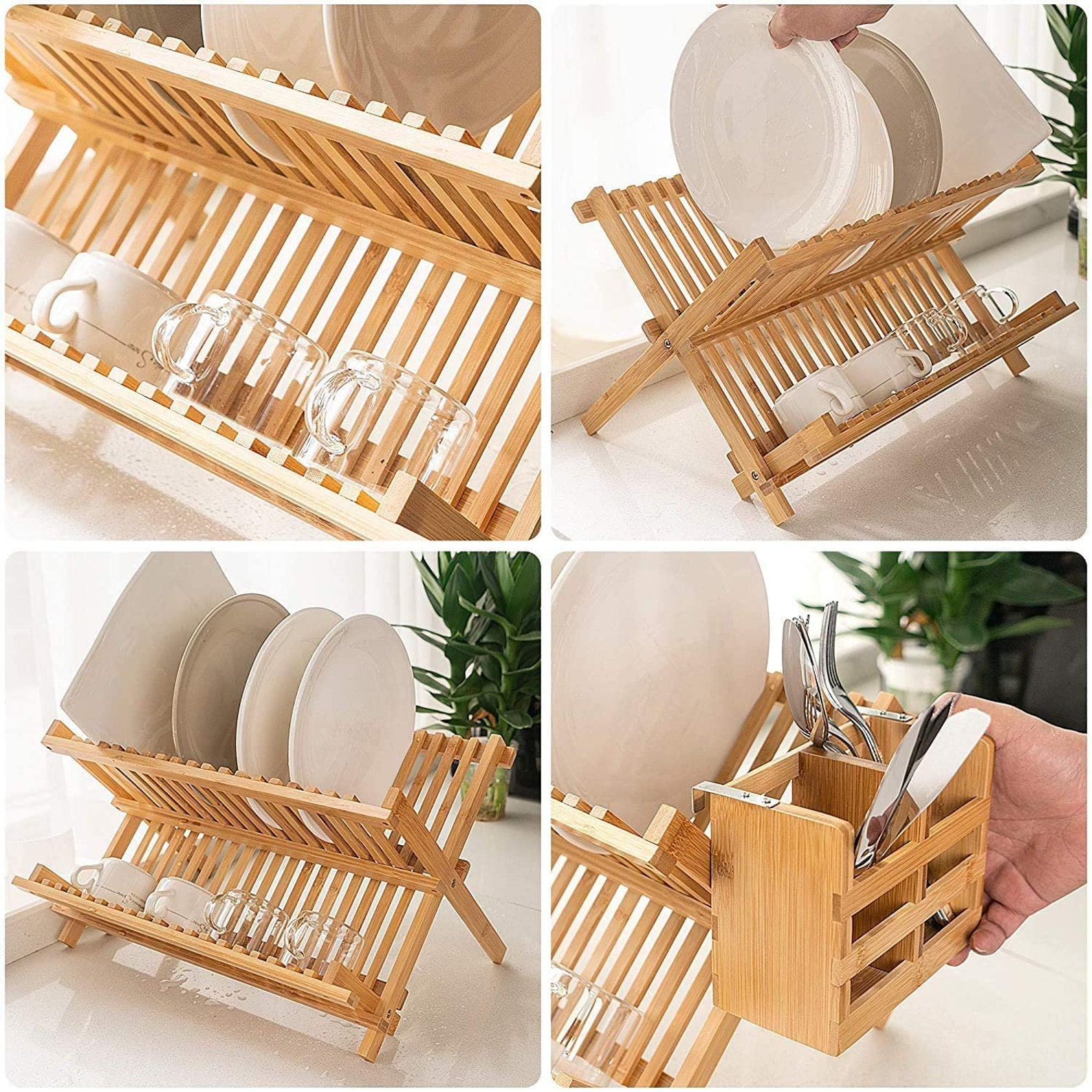 Bamboo Dryding Dish Rack Dual Tier Collapsible Dish Drying Etsy
