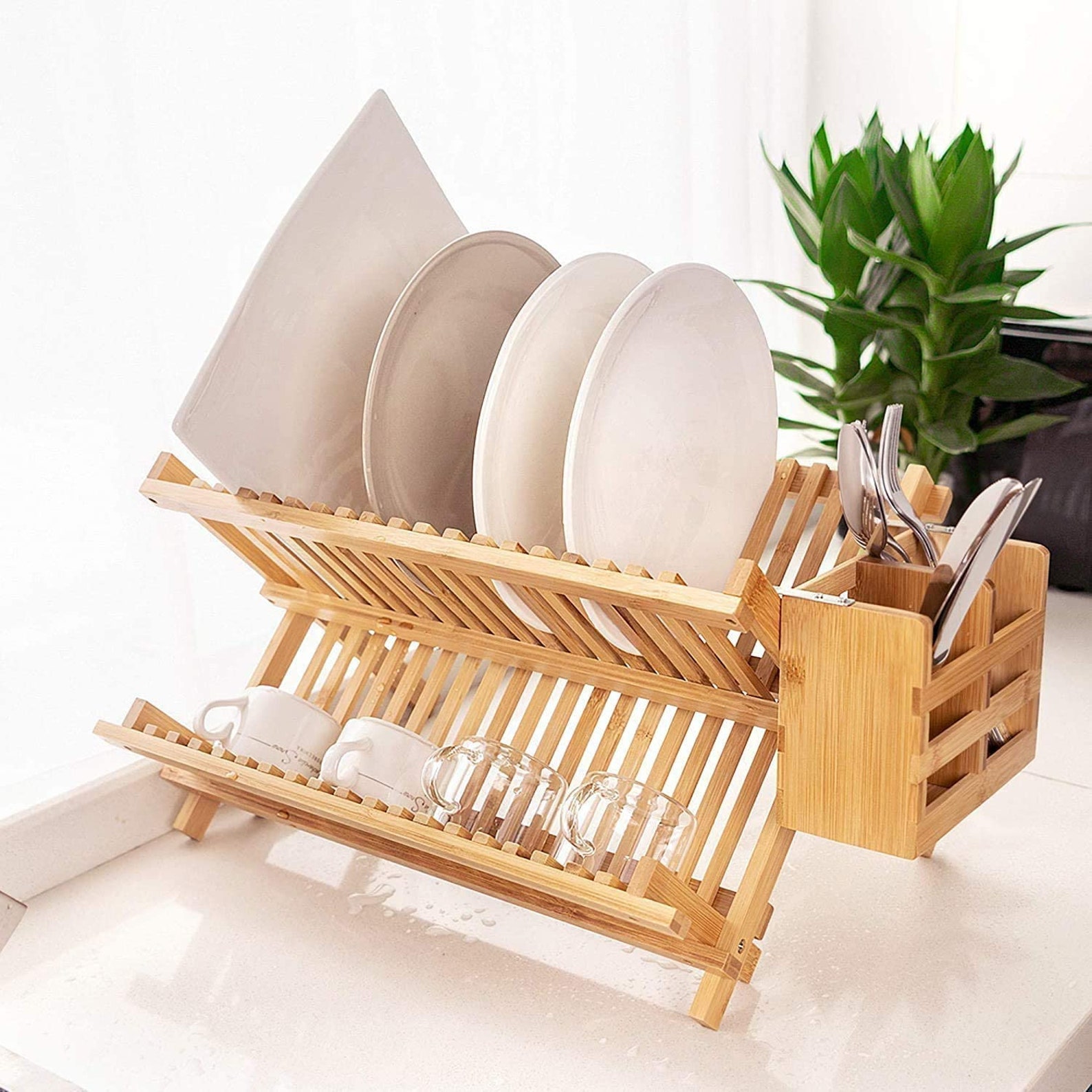 Bamboo Dryding Dish Rack Dual Tier Collapsible Dish Drying Etsy