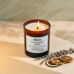 Handmade Lavender & Bergamot Relaxing Eco Soy Wax Luxury Amber Glass Vegan Scented Candle Containing Essential Oils