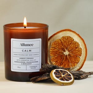 Handmade Amber, Orange, Sandalwood, Frankincense & Bergamot Eco Soy Wax Luxury Amber Glass Vegan Scented Candle Containing Essential Oils