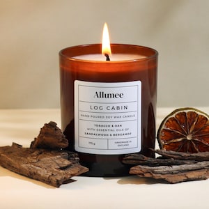 Handmade Sandalwood, Tobacco, Oak & Bergamot Eco Soy Wax Luxury Amber Glass Vegan Scented Candle Containing Essential Oils
