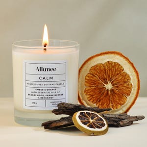 Handmade Amber, Orange, Sandalwood, Frankincense & Bergamot Eco Soy Wax Luxury Clear Glass Vegan Scented Candle Containing Essential Oils