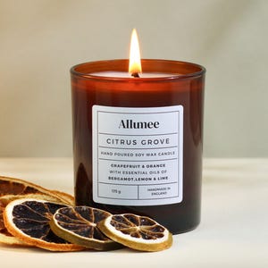 Handmade Grapefruit, Orange, Bergamot, Lemon & Lime Eco Soy Wax Luxury Amber Glass Vegan Scented Candle Containing Essential Oils