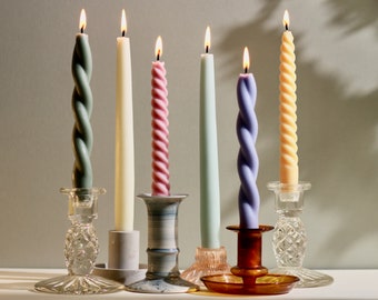 Soft Pastels Collection | Set of 6 Soft Pastel Beeswax & Soy Blend Thick Taper Candles / Spiral Twist Candles / Pillar Candles