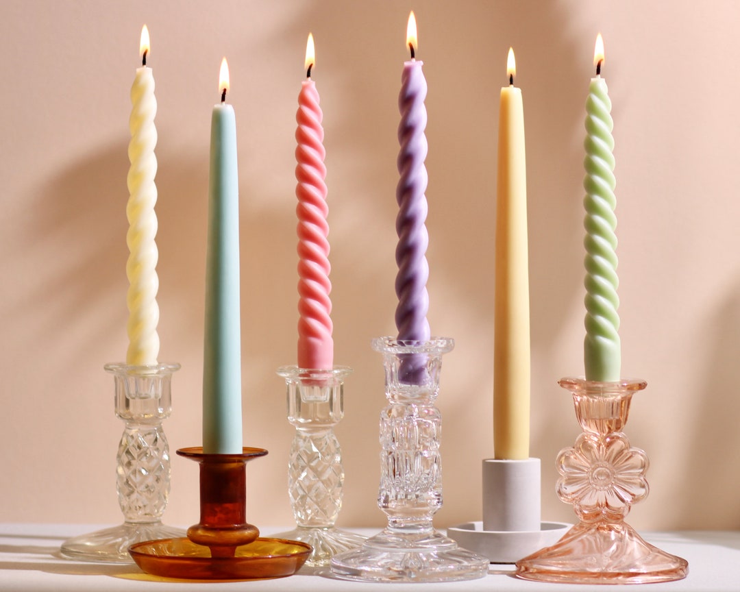 Classic Pastels Collection Set of 6 Soft Pastel Beeswax & Soy Blend Thick Taper Candles / Spiral