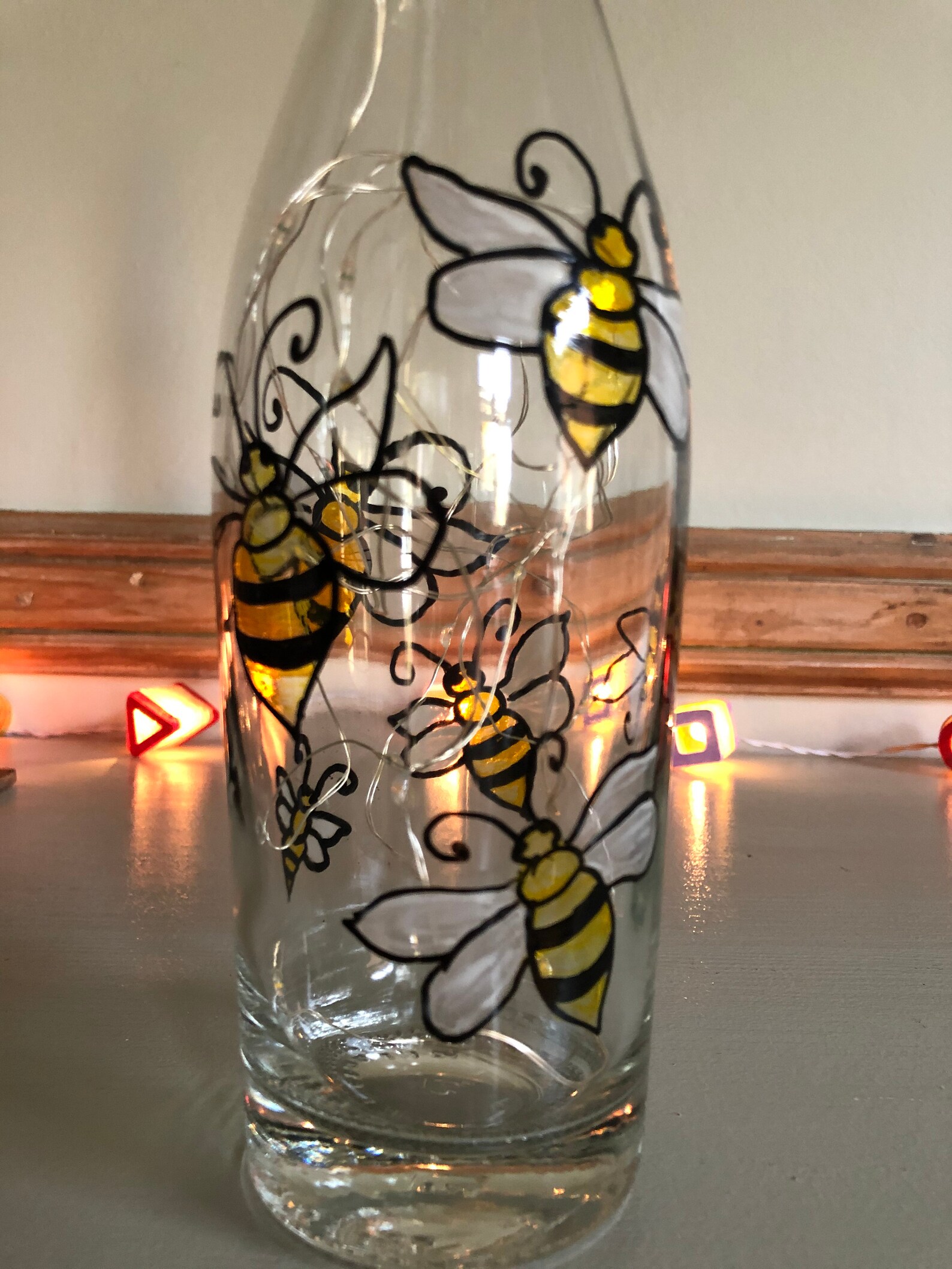 Bee decorated glass bottle with fairy lights Etsy