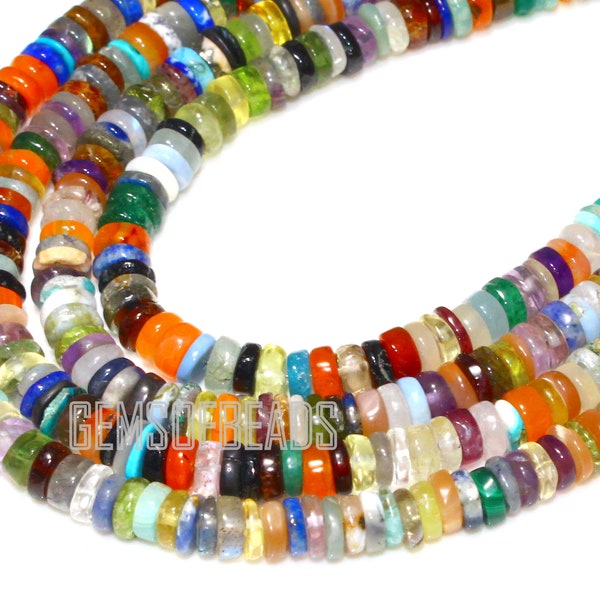 AAA Natural Mix Gemstone Heishi Tyre shape Approx 4-6 mm Beads Smooth Beads 8" Long | Natural Disco Beads | Smooth multi Heishi Beads