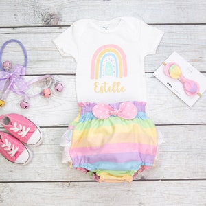 Personalized Pastel Rainbow Baby Girl Birthday Outfit |Rainbow Baby Ruffle Bloomers |Cake Smash Outfit|Photo Shoot Outfit | Canada Made