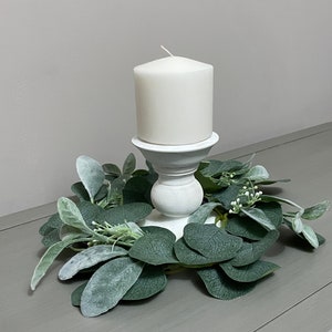Eucalyptus and Lamb&#39;s Ear Wreath Candle Centerpiece