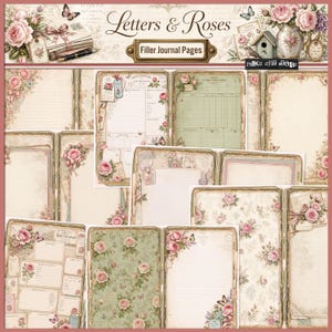 Puede incluir: Una colección de páginas de diario digitales titulada Letters & Roses Filler Journal Pages, que presenta papelería de estilo vintage con ilustraciones de rosas rosadas, mariposas, papel rayado, cuadrículas y bordes decorativos en tonos crema y verde suaves.
