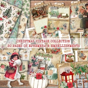 May include: A digital collage sheet with 20 pages of vintage Christmas ephemera and embellishments. The collage includes images of Christmas trees, presents, ornaments, and other festive decorations. The text "Christmas Vintage Collection 20 Pages of Ephemera & Embellishments" is displayed at the top of the collage.
