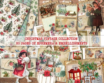 May include: A digital collage sheet with 20 pages of vintage Christmas ephemera and embellishments. The collage includes images of Christmas trees, presents, ornaments, and other festive decorations. The text "Christmas Vintage Collection 20 Pages of Ephemera & Embellishments" is displayed at the top of the collage.
